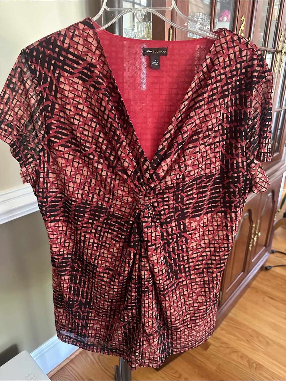 Dana Buchman Red and Black Patterned Twist-Front Blouse